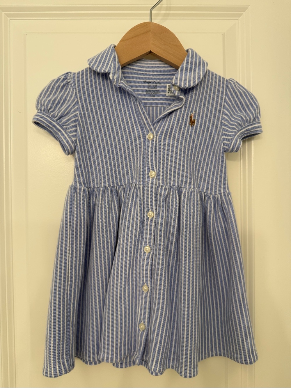 Ralph Lauren Light Blue & White Striped Polo Dress with Puff Sleeves